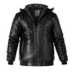 48767 کاپشن اسپرت چرم مصنوعی مردانه بادی کلاه دار مشکی