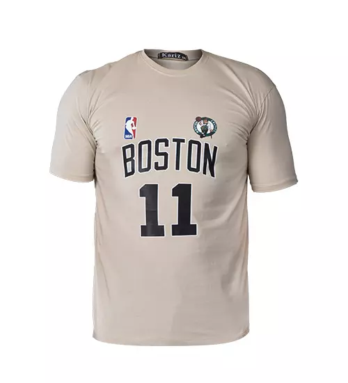 47803  تیشرت نخ پنبه یقه گرد Boston مردانه کرمی طرح دار