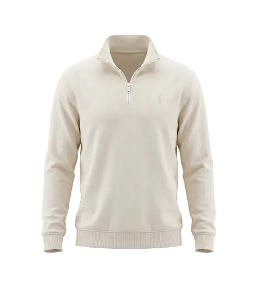 51388  بلوز یقه نیم زیپ مردانه نرمال ساده سلانیک شیری Polo