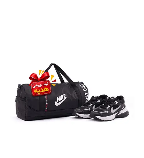 پک کفش مردانه اسپرت چرم مصنوعی مشکی Nike و کیف ورزشی Nike مشکی