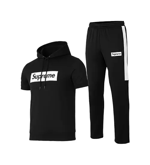 49407  ست مردانه هودی آستین کوتاه و شلوار Supreme مشکی
